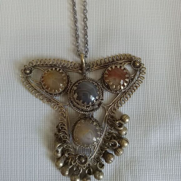 Vintage Indian Agate Claw Set Multicolored Stones Large Metal Pendant Necklace - Picture 3 of 12